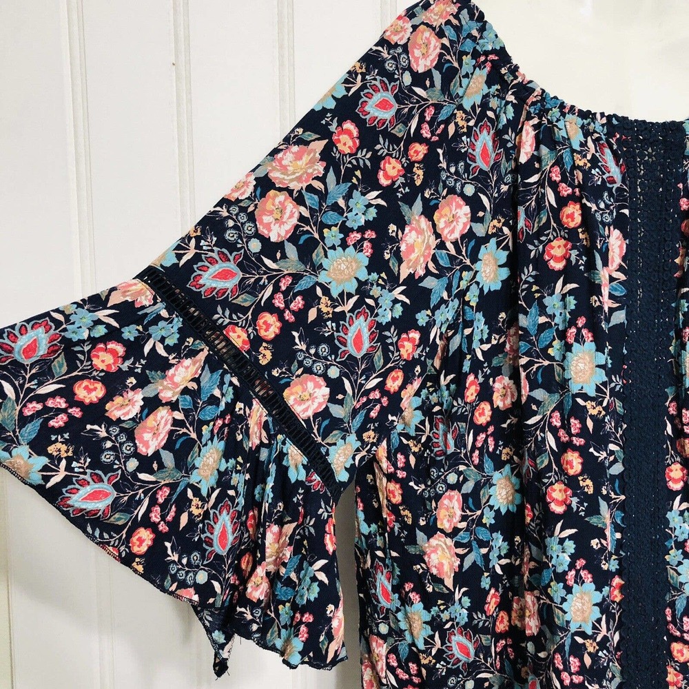 Boho Peasant Top Crochet Blue Floral Bell Sleeve XL